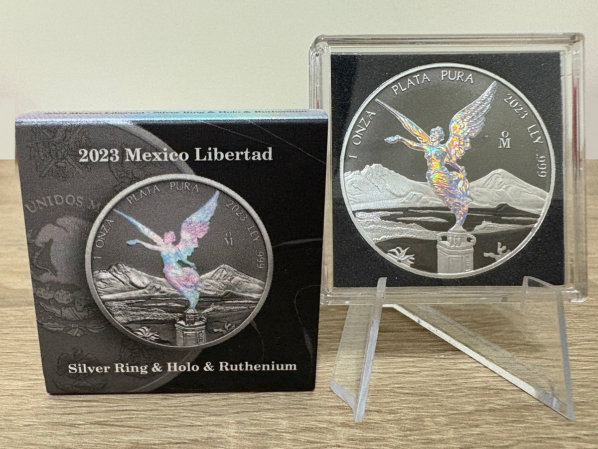 2023銀戒指鍍釕全息墨西哥銀幣 純銀999 1盎司銀幣 圖1（銀幣與外盒）
